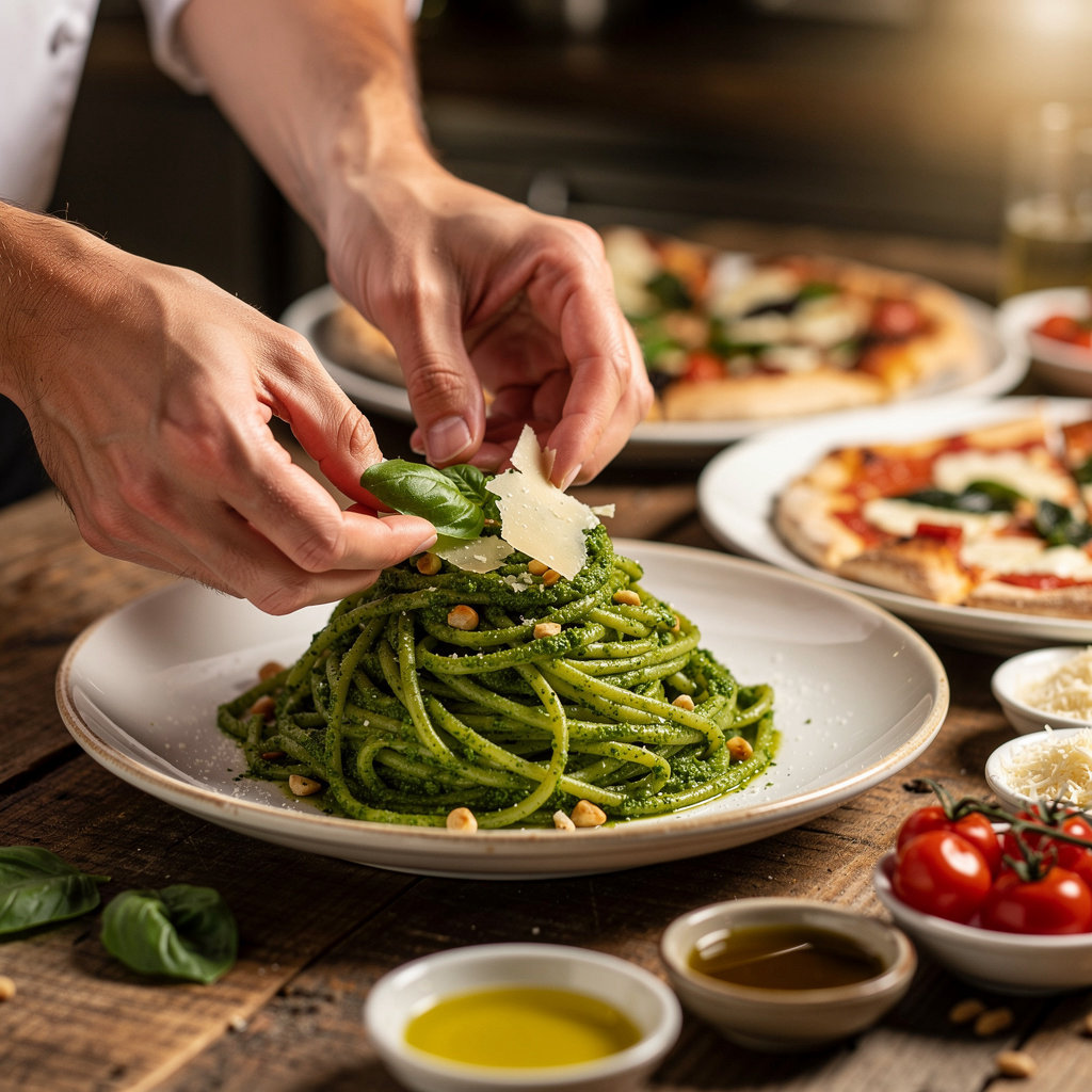 Signature pesto pasta and tiramisu at Pesto Italian Craft Kitchen San Diego, showcasing our authentic Italian craft cuisine