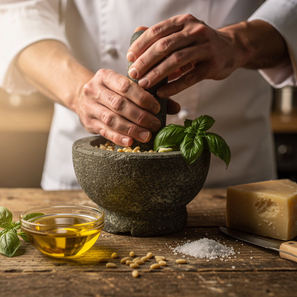 Pesto Italian Craft Kitchen San Diego founders preparing authentic Italian cuisine in a warm, rustic kitchen setting